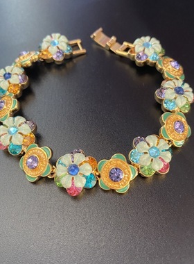 vintage高货黄铜清新彩色珐琅釉镶钻绿色花朵手链手环