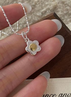 925纯银韩版小众金撞银笑脸太阳花项链韩国风简约首饰