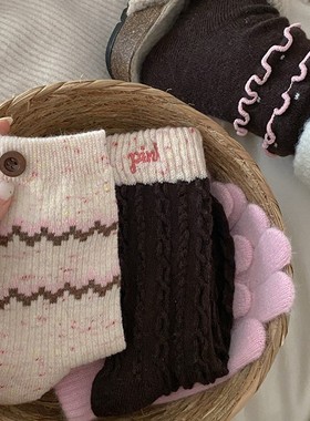 冬日热可可！加厚条纹保暖羊毛点子学院风秋冬韩版复古中筒堆堆袜