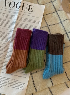 ins韩国秋冬拼色加厚鹿绒羊毛袜子女网红外穿复古保暖中筒堆堆袜