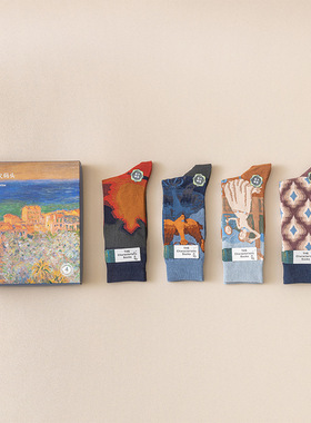 莫奈系列礼盒款油画风秋冬新品轻奢小众法国中筒棉袜漫画风景袜子