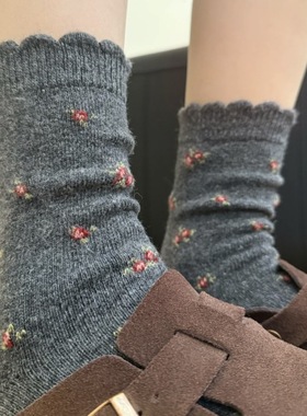 古早小碎花～保暖蓄热复古小花羊毛袜子女ins韩系百搭中筒堆堆袜