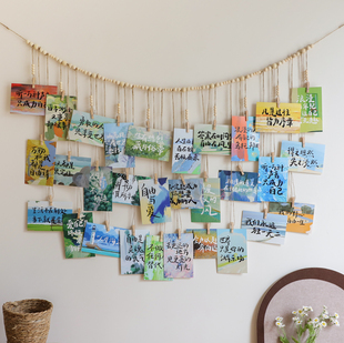 照片墙创意壁挂装 饰手工木珠麻绳木夹照片展示创意相片收纳绳夹