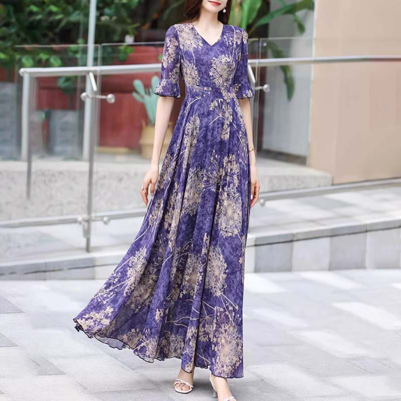 2025夏季新款名媛气质贵夫人印花真丝桑蚕丝连衣裙修身大摆长裙子