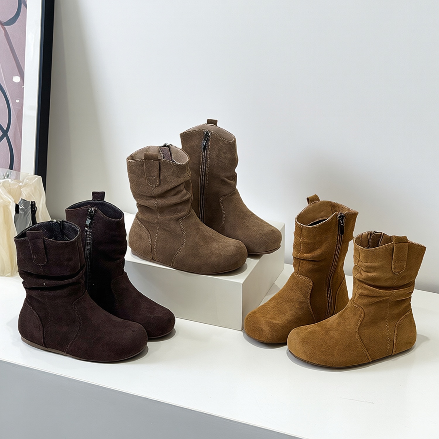 女童短靴加绒磨砂真皮复古堆堆靴