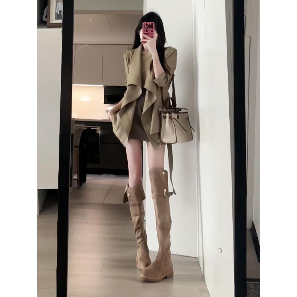 杏色两穿翻折过膝靴女复古绒面粗跟显瘦骑士靴秋冬加绒加厚长筒靴