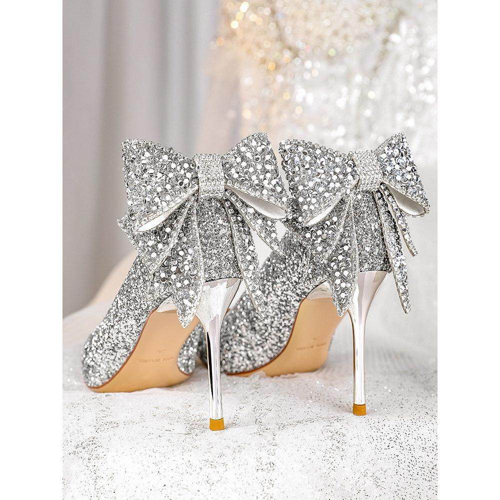 高跟鞋女2025年新款亮片银色水晶鞋婚鞋新娘鞋主婚纱尖头法式单鞋,女鞋,深口单鞋,淘宝优惠券,粉丝福利购,淘宝优惠卷