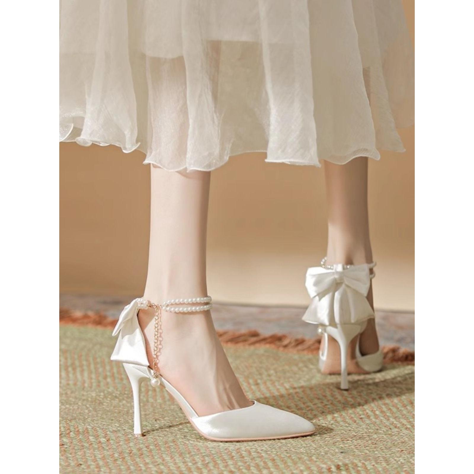 白色高跟鞋女单鞋2025早春配婚纱婚鞋新娘鞋细跟大码礼服鞋伴娘鞋