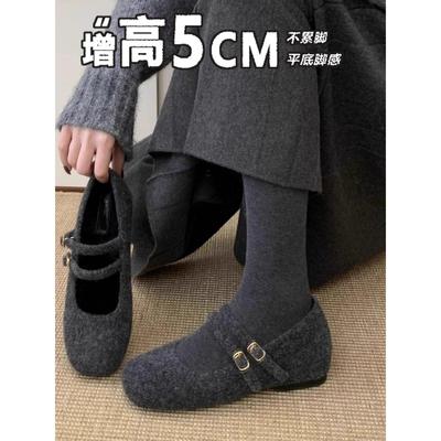 内增高玛丽珍毛毛鞋女冬外穿新款韩版灰色呢子单鞋女厚底加绒棉鞋