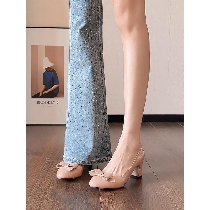裸色高跟鞋女2025春秋新款配裙子蝴蝶结粗跟气质玛丽珍鞋浅口单鞋