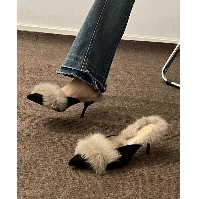 2025软皮版!毛毛高跟鞋女尖头细跟时尚气质包头半拖鞋女外穿加绒