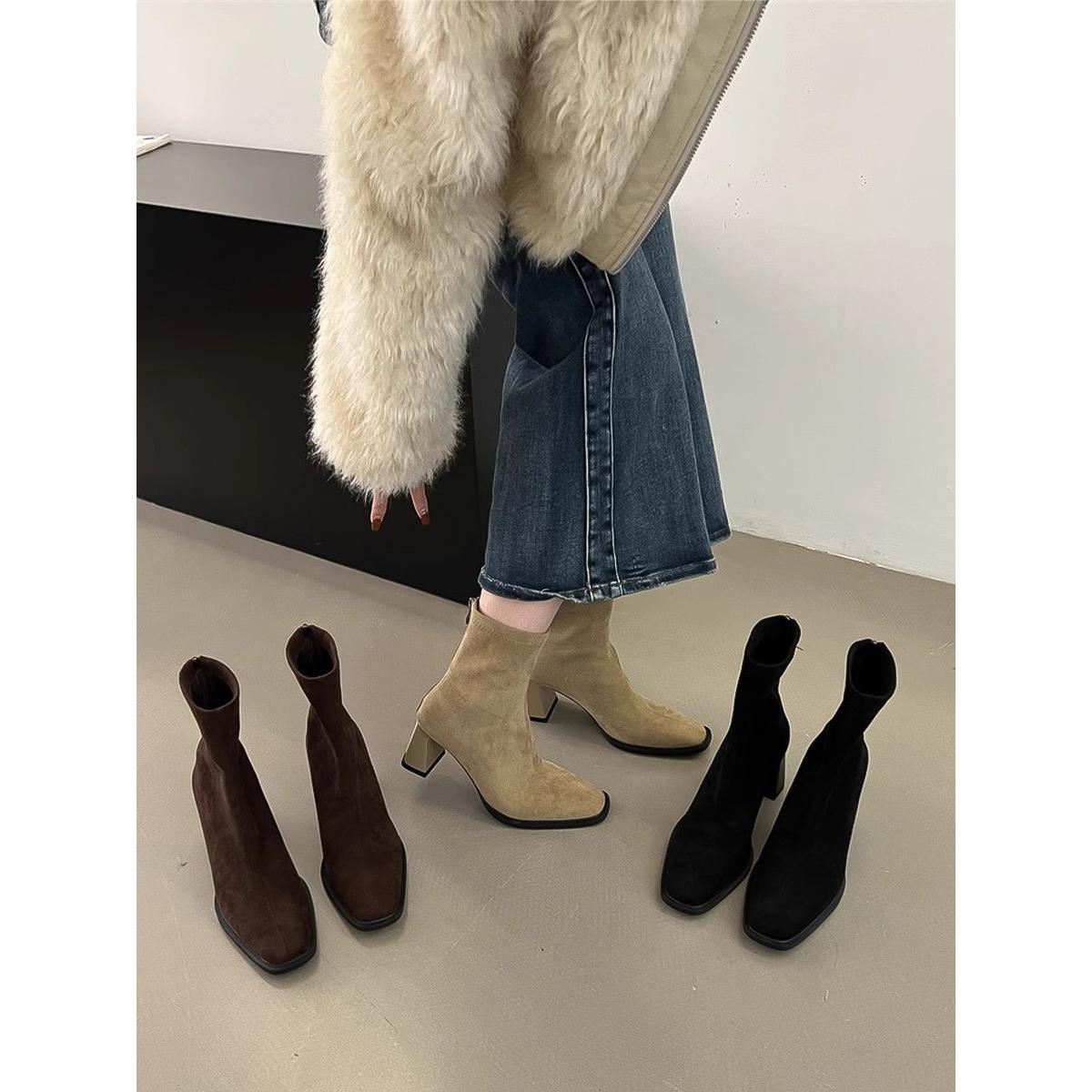 法式粗高跟及踝靴马丁靴女鞋2025新款秋冬季短筒方头瘦瘦小短靴子