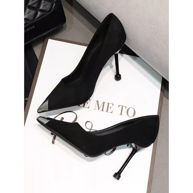 2025春秋新款高跟鞋女细跟黑色性感法式金属头尖头绒面工作鞋单鞋