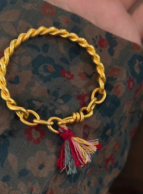 古法黄金色实心麻花流苏手镯国潮设计百搭素圈手镯仿三金新娘首饰