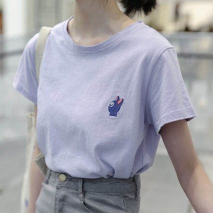 紫色短袖t恤女夏季2023新款韩版宽松ins潮小清新学生纯棉刺绣上衣