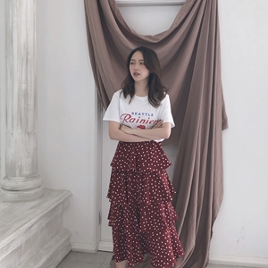 RAIFOO 2019春夏新款波点半身裙女韩版高腰显瘦蛋糕裙荷叶边长裙