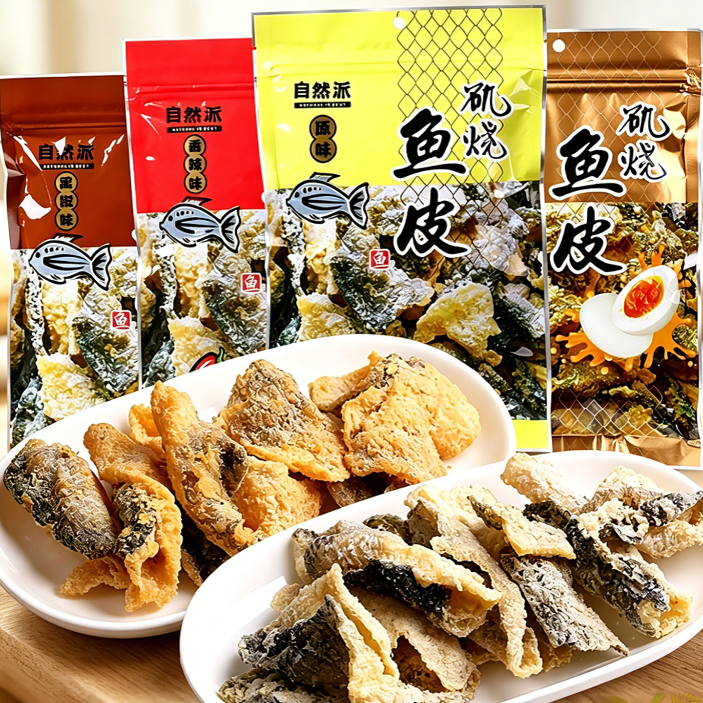 自然派矶烧鱼皮150g共3包 港式咸蛋黄原味香辣香脆炸鱼皮酥小零食