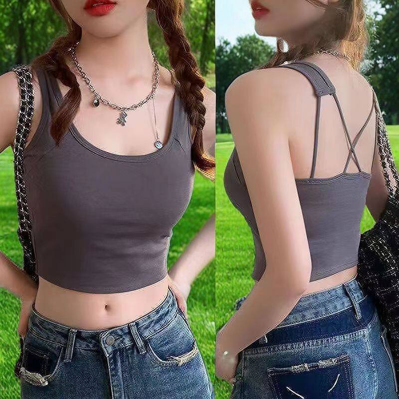 抹胸吊带背心女带胸垫内搭修身外穿显瘦辣妹短款交叉美背短款上衣