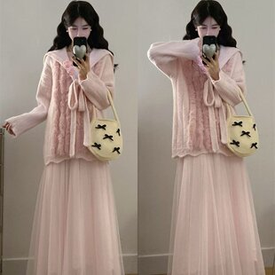 实拍大码 内里针织半身裙两件套 秋冬甜美少女风海军领设计感毛衣