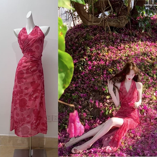 内有衬裙 交叉系带连衣裙长裙 吃绿色菜樱落 显白气质无袖