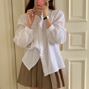 实拍 韩系chic学院可爱少女V领双层花边纯色衬衫