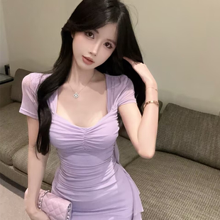性感低胸方領(lǐng)網(wǎng)紗短款 實(shí)拍現(xiàn)貨2025新款 流蘇包臀打底連衣裙