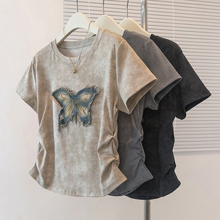 流行短袖 韩版 上衣胖妹妹宽松收腰显瘦百搭休闲t恤夏 女装 实拍大码