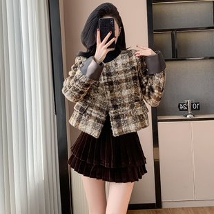 复古法式 富家千金呢子短外套女秋冬别致设计感超好看格子毛呢上衣