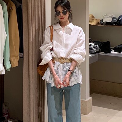 YNVN韩系白色蕾丝拼接亚麻长袖衬衫女法式上衣配腰带2026春季新款