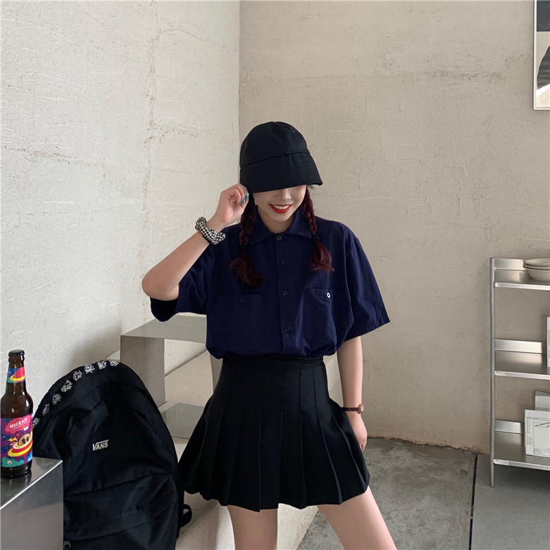 Real price real shot 2021 new solid color show thin short sleeve pocket tooling shirt + high waist show thin pleated skirt