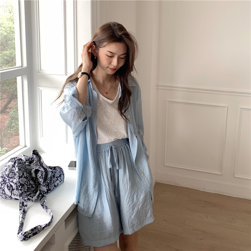 Korean chic summer solid color shirt + shorts two piece sunscreen shirt