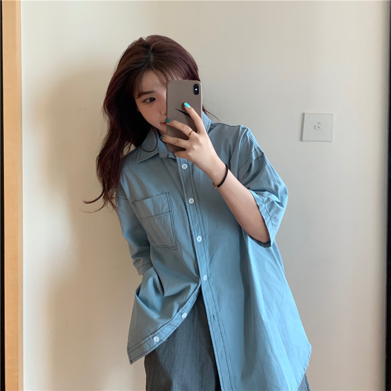 Real price real shot Korean back letter printed open line short sleeve loose BF student shirt