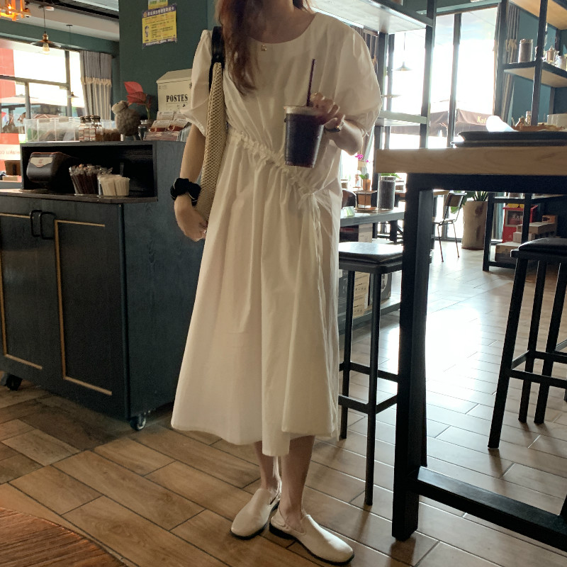 Real price real shot 2021 spring and summer clear color round neck temperament thin age reducing bubble sleeve drawstring folding sweet dress