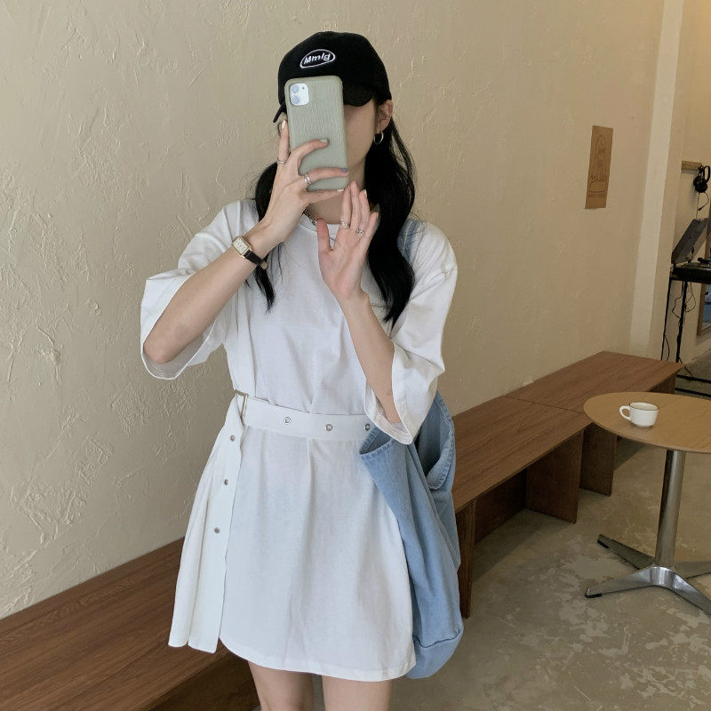 Real price real shot Korean loose Hong Kong style short sleeve t-shirt female Xia chic mid length lower garment missing top