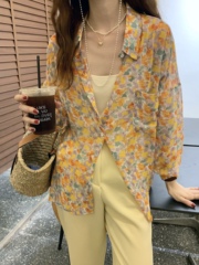 Real price floral long sleeve shirt comfortable drape chiffon shirt simple Lapel loose sunscreen shirt