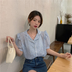 Real price real shot summer new floral short sleeve heavy industry Sequin chiffon shirt V-neck slim versatile sweet shirt