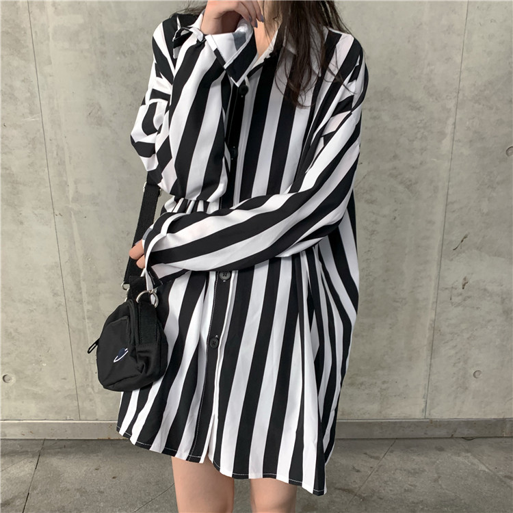 Real price real shot black and white vertical stripe shirt women's summer Korean long sleeve loose casual shirt coat