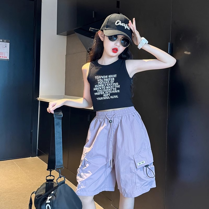 法国女童速干短裤夏薄款2025新款儿童工装五分裤女孩大童运动套装