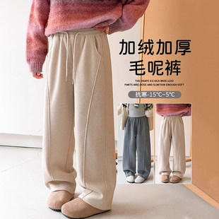 法国Uamtor女童秋冬季裤子2025新款韩版人字纹加绒加厚毛呢阔腿裤