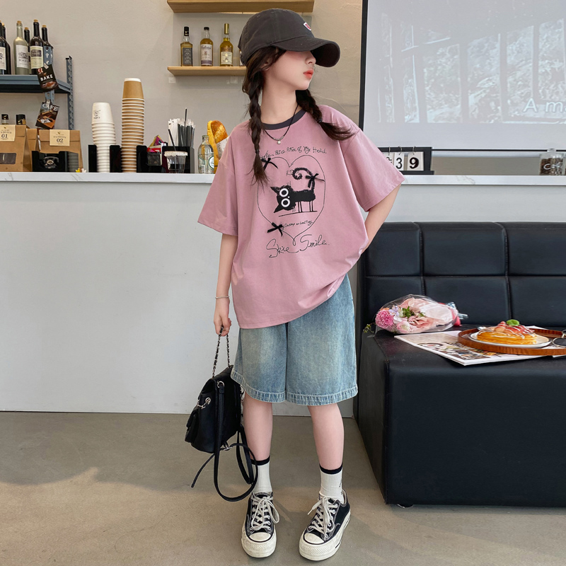 韩国女童夏装套装2025新款洋气中童女大童儿童装女孩纯棉短袖t恤