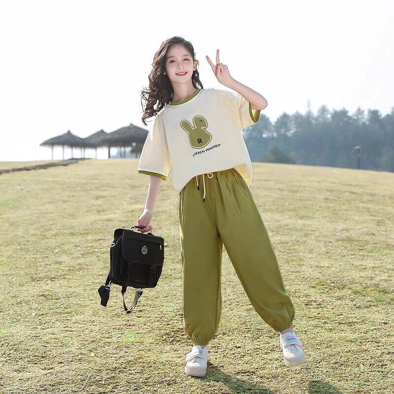 法国Uamtor女童短袖T恤2026新款夏装套装中大童女孩洋派纯棉衣服