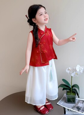法国Uamtor女童国风套装夏季2026款新中式红色薄款女宝宝洋派夏装