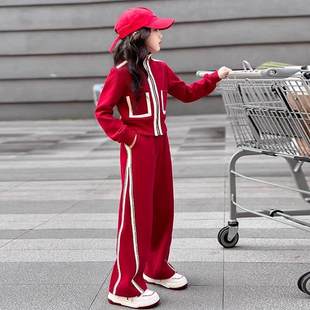 法国Uamtor女童红色套装春秋2025新款儿童运动服大童外套两件套潮