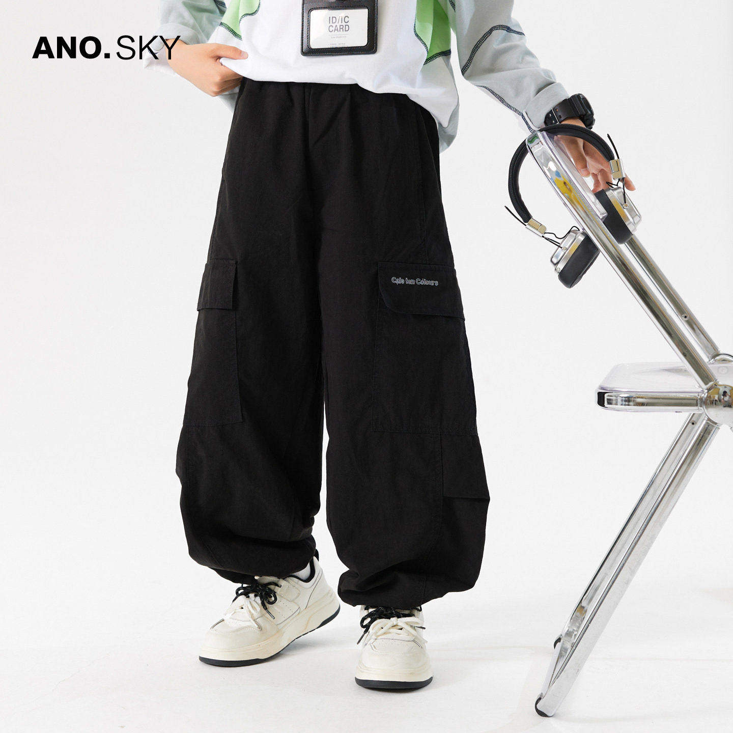 anothersky男童秋季黑色工装裤子2026儿童秋装休闲长裤男孩阔腿裤
