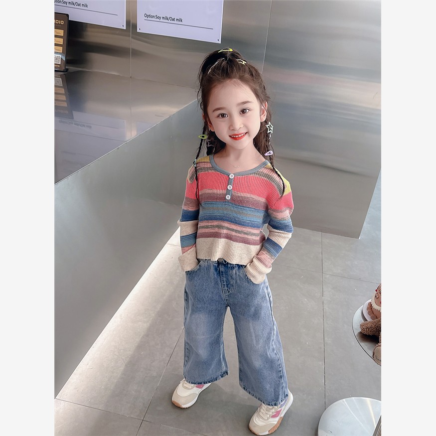 法国Jacadl女童套装春秋季2023新款儿童洋气条纹上衣牛仔裤两件套