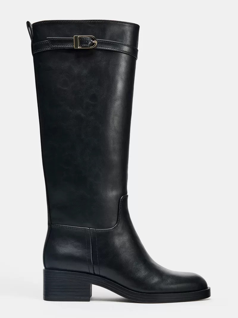 ZA2025秋冬新款搭扣饰高筒骑马靴复古粗跟大桶围骑士靴不过膝长靴