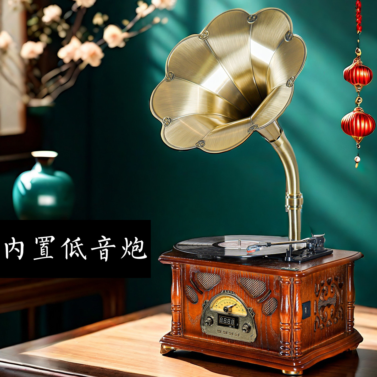 复古留声机桌面台式大喇叭蓝牙音箱创意礼品摆件黑胶唱片机D99