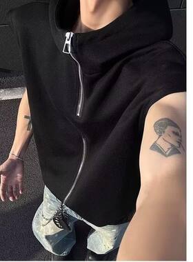 复古垫肩半拉链无袖t恤男生夏天高级垂感坎肩背心短袖ins薄款