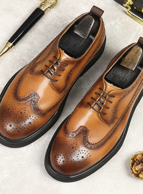 外贸男士韩版百搭休闲皮鞋轻便厚底雕花皮面牛皮商务舒适百搭男鞋