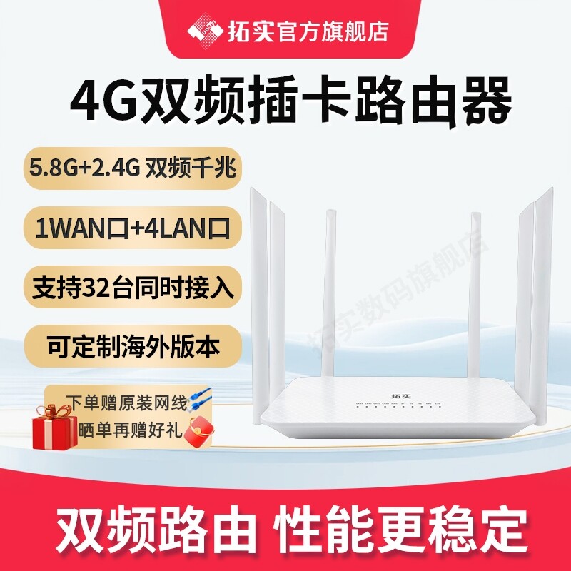 拓实1200M千兆插卡4g路由器多网通SIM转有线双频路由CPE六天线插卡路由随身wifi4g转wifi自由插卡无捆绑